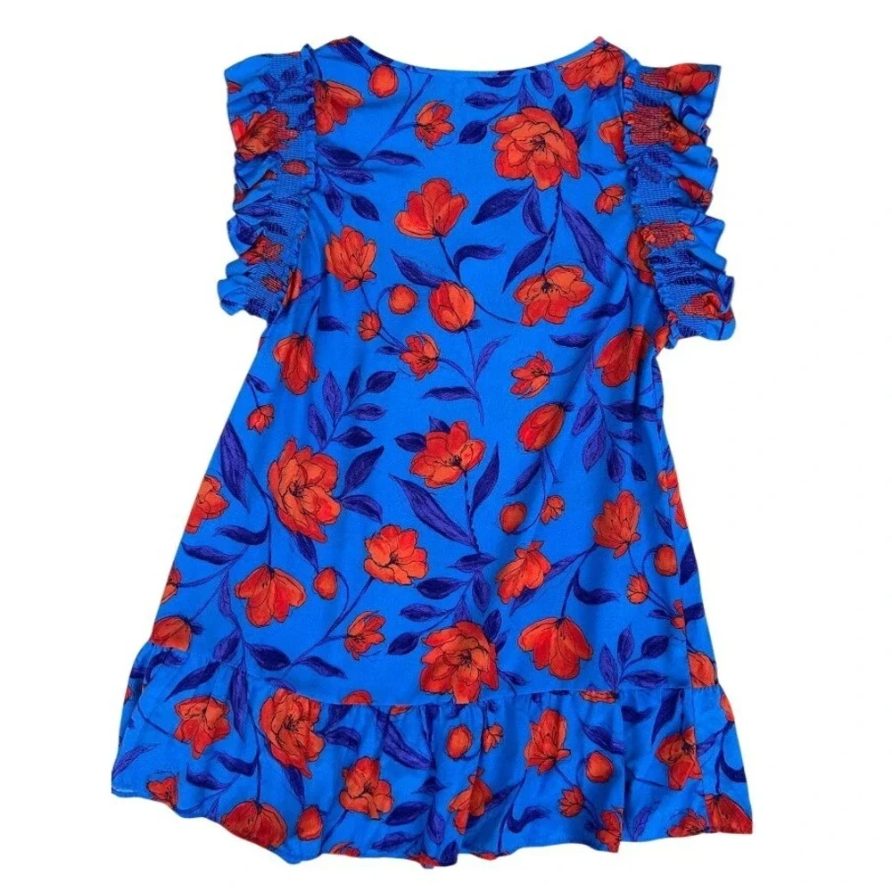 GeeGee Blue Orange Floral Ruffle‎ Smocked Cap Sleeve Shift Dress 3XL